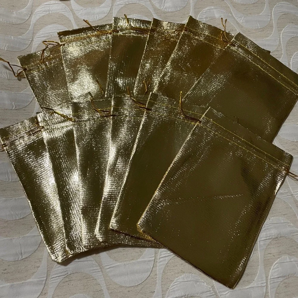 12 Pack Gold Metallic Drawstring Gift Bags 5x7 Jewelry Favor Pouches Shimmer
